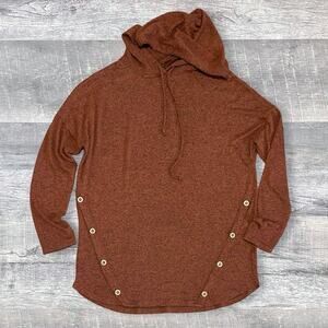 Staccato Knit Hooded Top Womens L Button Accent Rust Brown Lightweight Sweater